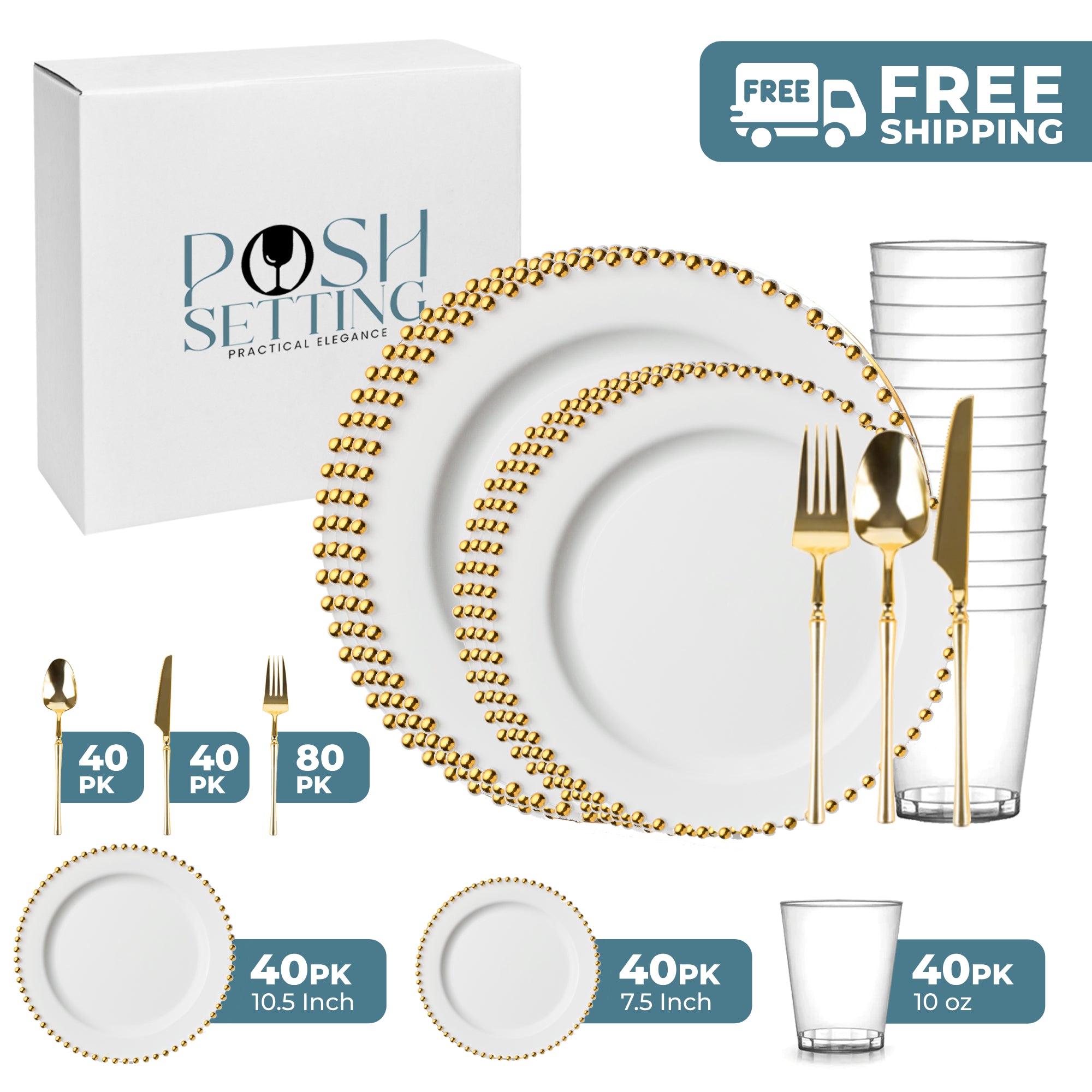 Elegant White & Gold Disposable Plastic Plates - Beaded Wedding Party Dinnerware Set for Bridal Showers, Receptions & Special Events