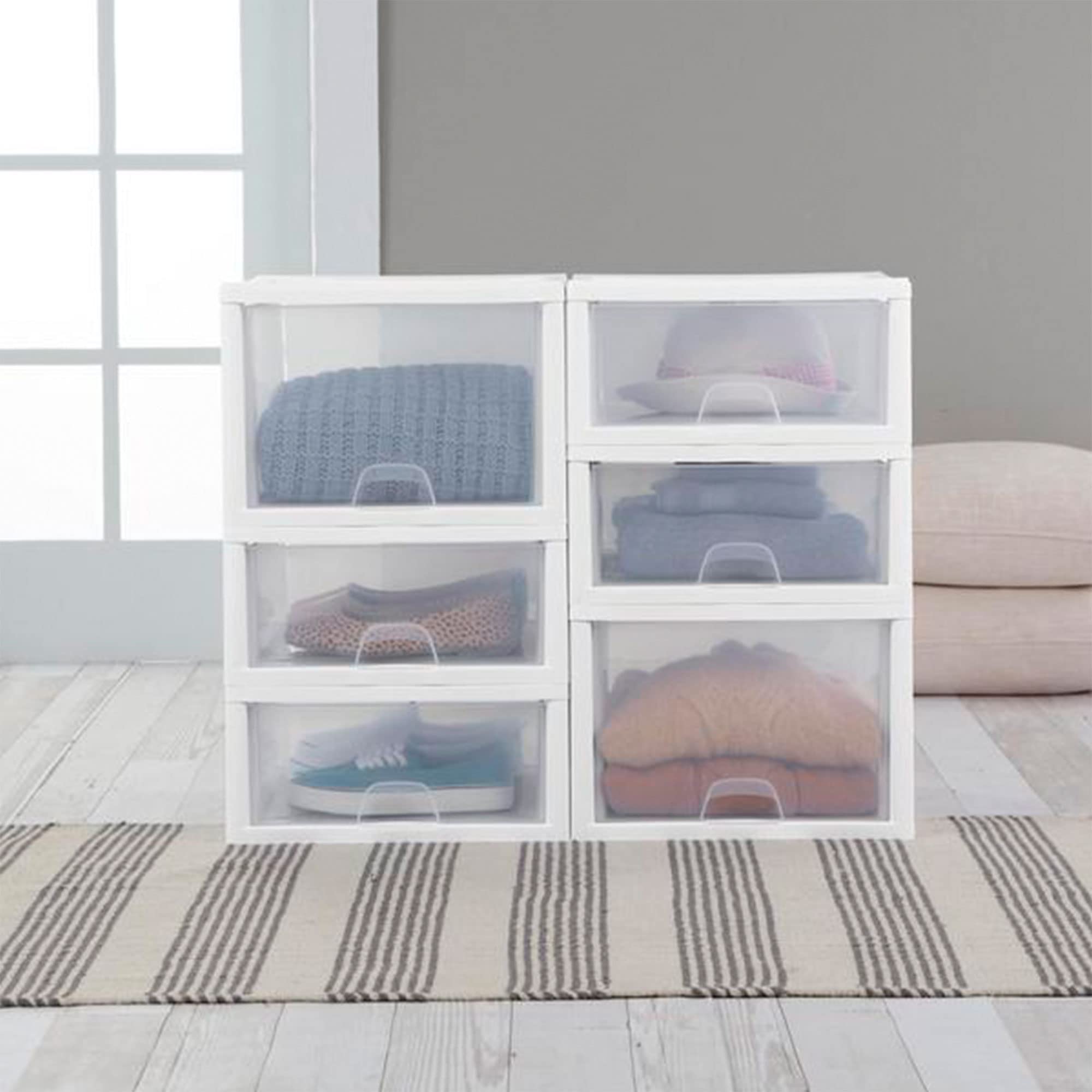 Sterilite 12-Pack Clear Plastic Stackable Drawers - 16 Quart Storage Bins with White Frame for Closet, Bedroom & Office Organization | Space-Saving Home Organizer Solution