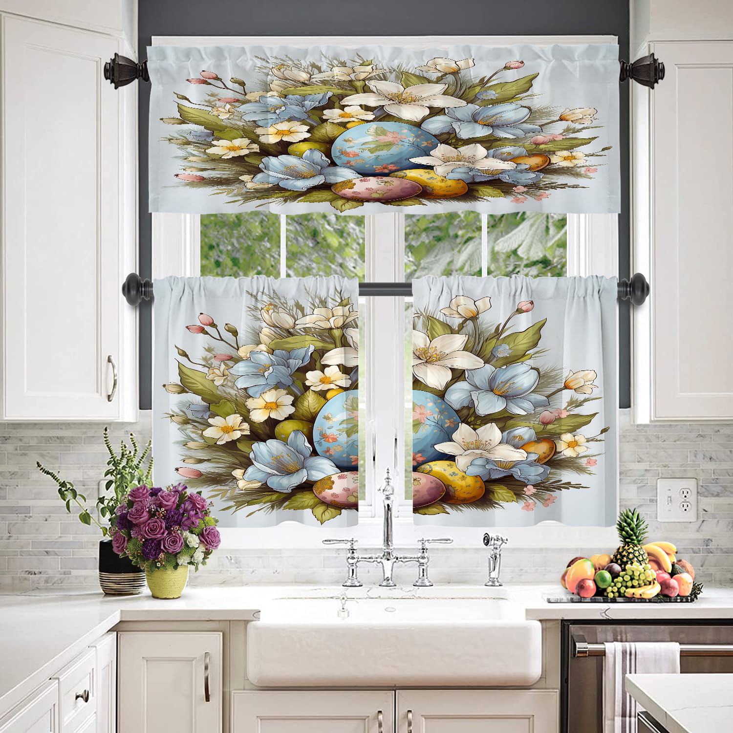 Floral & Egg Print Kitchen Valances - 2 Pack Blackout Window Curtains 52x18 Inches, Multi-Layer Polyester Drapes for Kitchen & Bedroom - Perfect for Farmhouse Decor & Sun Protection