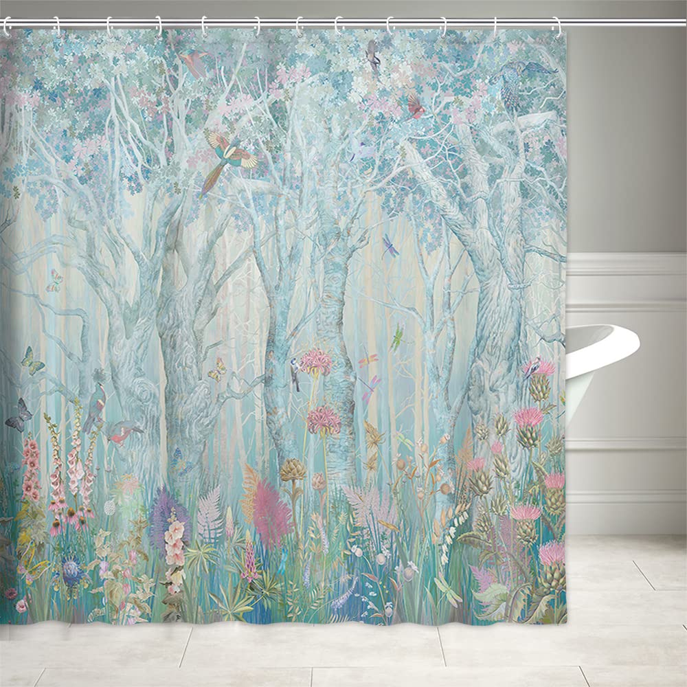 Enchanted Forest Shower Curtain - Vibrant Fairytale Woodland Jungle Design with Trees, Birds & Flowers | 69x75 Inch Waterproof Fabric Bathroom Decor for Christmas & Everyday Use | Includes Hooks for Easy Installation