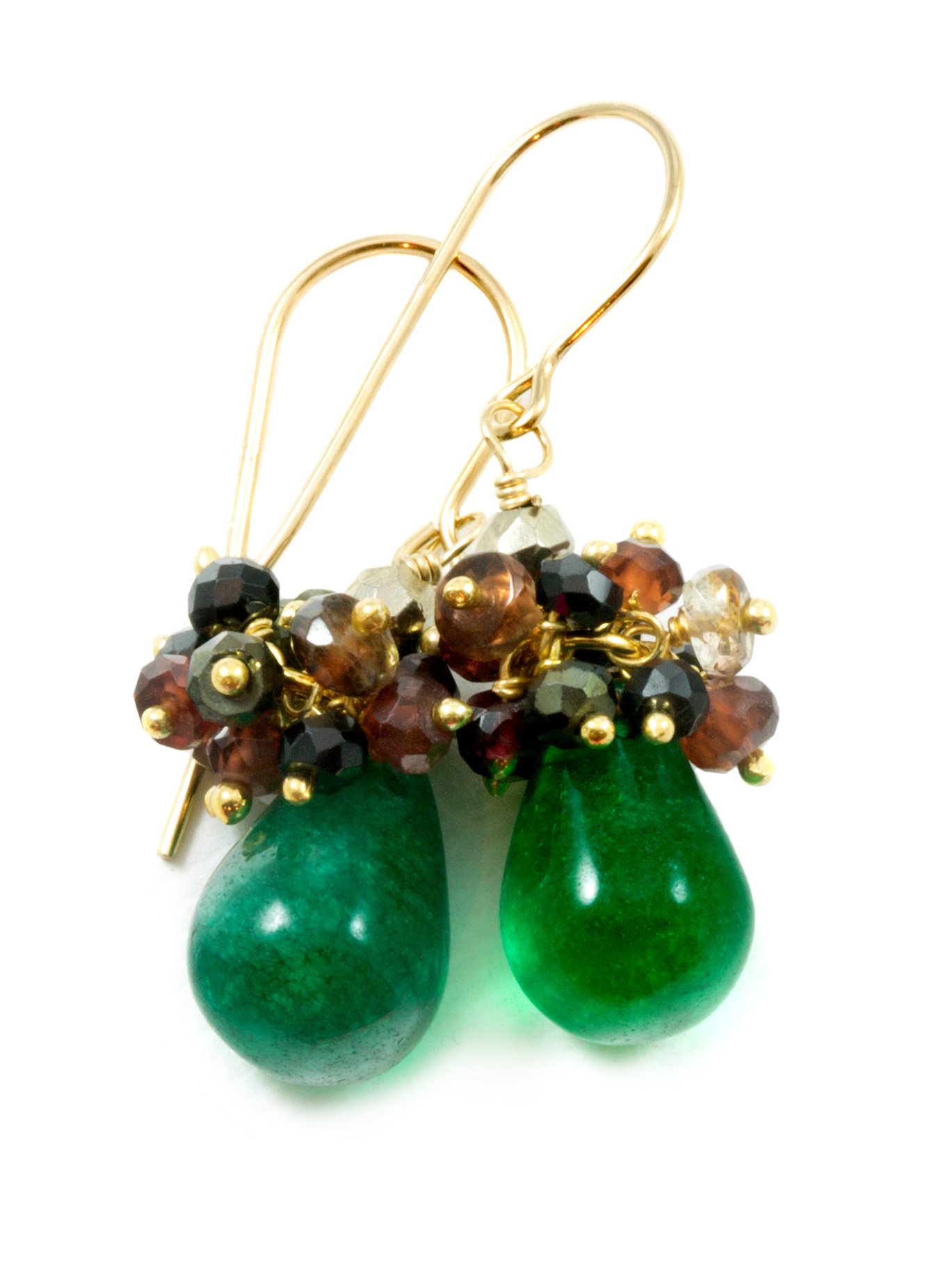 Green Quartzite Earrings with Garnet, Andalusite & Pyrite Clusters - Goldtone Wired Accents for Women | Boho Chic Jewelry for Parties, Weddings & Everyday Wear