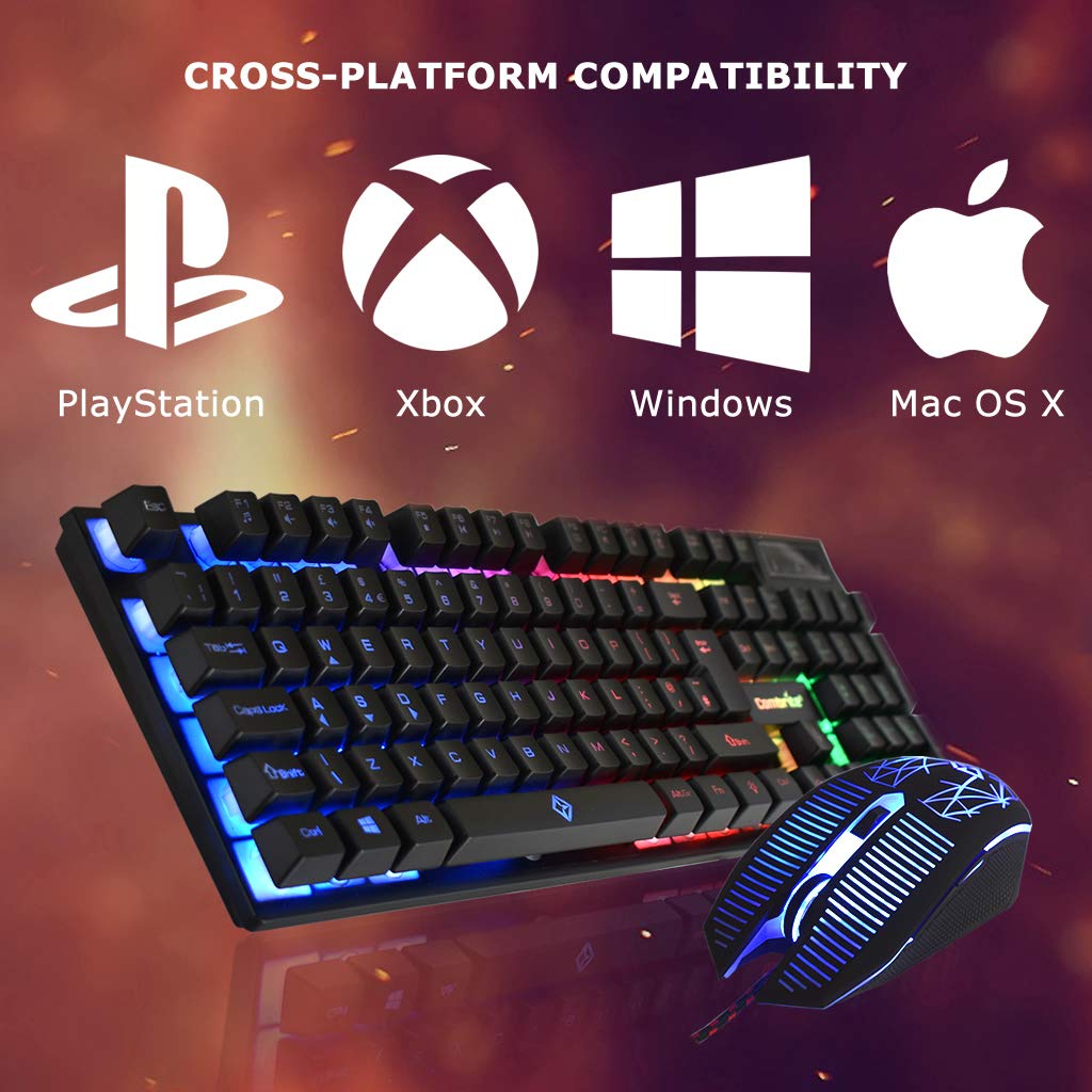 Combrite Raptor Gaming Keyboard and Mouse Set with Large Mouse Pad, RGB LED Backlit, USB Wired Desktop Combo, UK Layout - for PC, Laptop, PS4, Xbox One (Black) - Perfect for Gaming, Office Work, and Home Entertainment