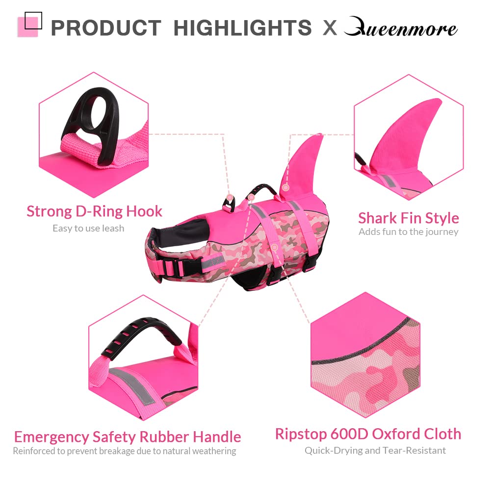 Queenmore Dog Life Jacket - Ripstop Shark Safety Vest with Adjustable Straps & Rescue Handle - High Buoyancy Dog Floatation Device for Small/Medium/Large Dogs - Pink Camouflage XX-Large - Perfect for Swimming, Boating & Water Adventures
