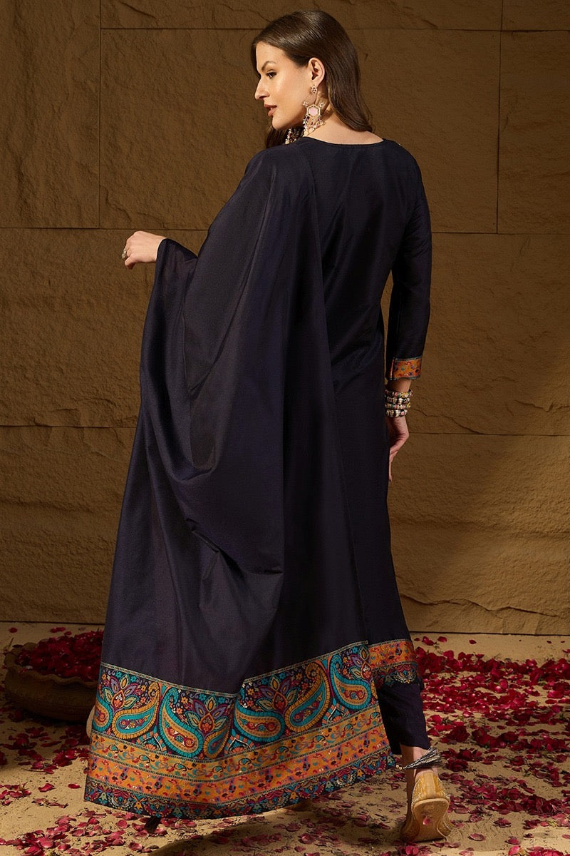 Elegant Navy Blue Chanderi Silk Kurta Set for Women - Traditional Indian Ethnic Wear for Festivals, Weddings & Special Occasions