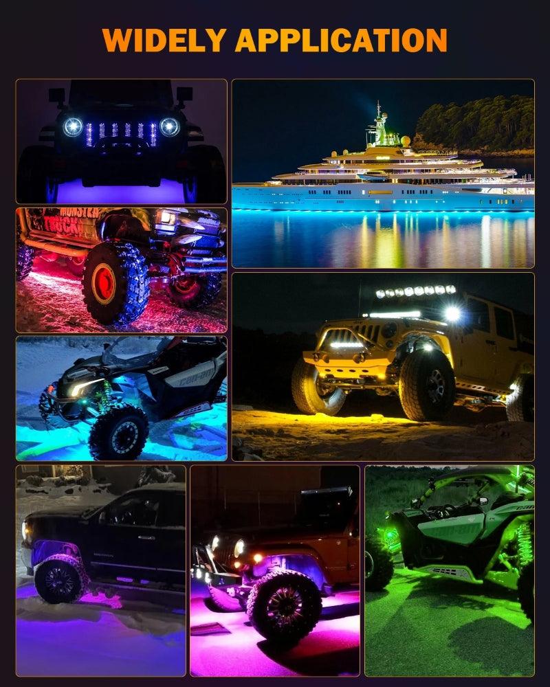 Upgraded RGB LED Rock Lights Kit - Multicolor Neon Underglow Lights with Bluetooth APP & Remote Control | Waterproof Off-Road Lighting for Trucks, Jeeps & ATVs | Enhance Night Rides & Car Shows