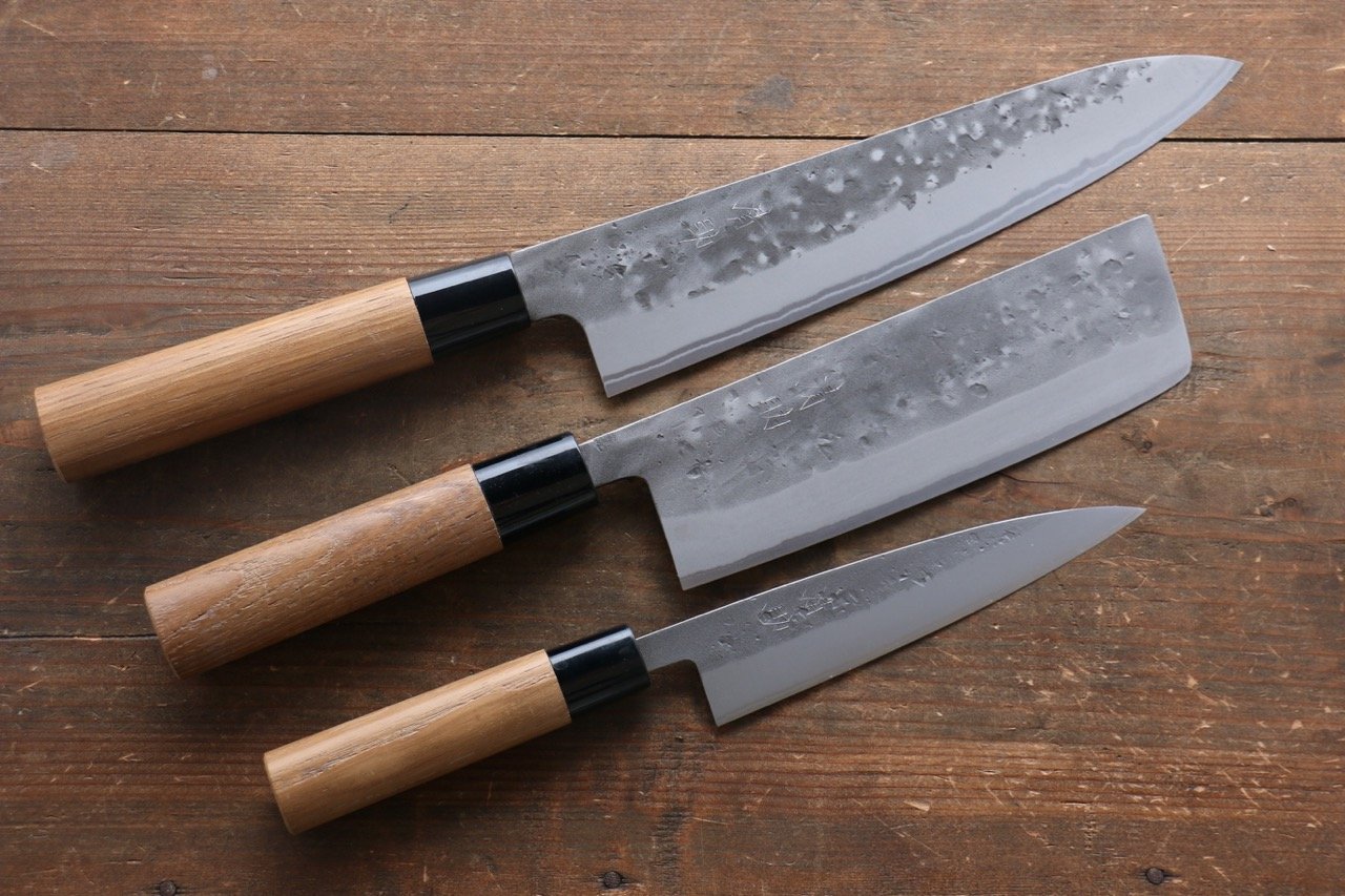 Premium Seisuke Blue Steel No.2 Nashiji Gyuto, Nakiri & Petty Knife Set - Japanese Damascus Chef Knives for Professional Cooking, Sushi & Meat Cutting - Perfect for Home Chefs & Culinary Enthusiasts