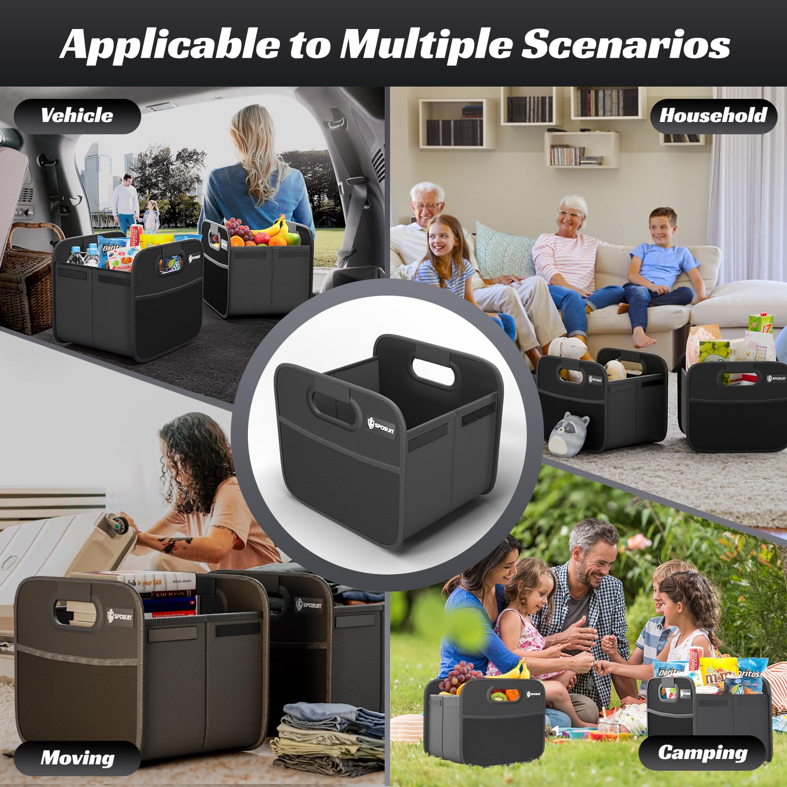 Collapsible Split Trunk Organizer for Cars & SUVs - Reinforced Handles Storage Box for Groceries & Cargo (2-Pack, Black) | Perfect for Road Trips, Shopping & Daily Commute
