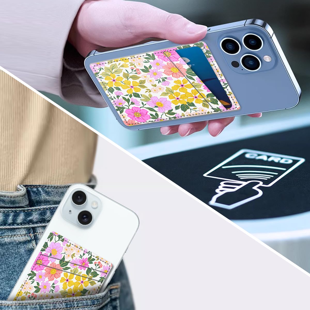 Leather Card Holder for Phone Case - Slim Wallet Sleeve with Dual Pockets for Credit Cards & ID - Stick-on Design Fits Most Smartphones - Bright Floral Pattern - Perfect for Travel, Shopping & Everyday Use