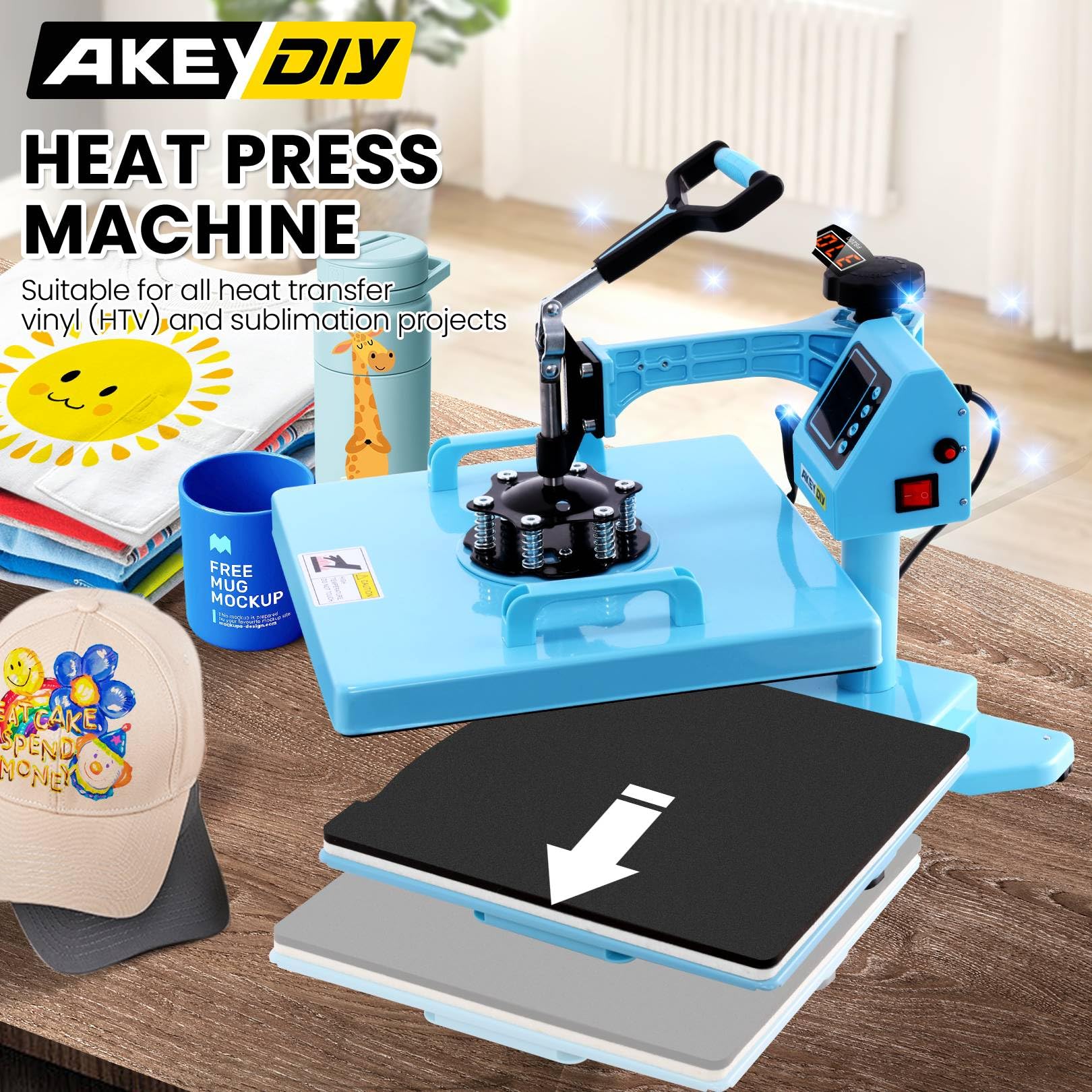 15x15 Inch AKEYDIY 8-in-1 Slide Out Heat Press Machine with 30OZ Tumbler Attachment - 1400W Sublimation Digital Printing Transfer Press for T-Shirts, Mugs, Caps & Plates | Perfect for DIY Crafts, Custom Apparel & Small Business Printing