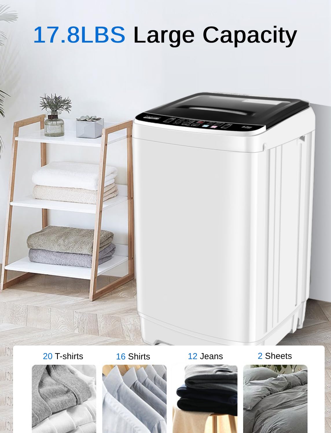 Portable Washing Machine 17.8Lbs Capacity - Full Automatic Washer Dryer Combo 2.3 Cu.ft with 10 Wash Programs & 8 Water Levels - Compact Laundry Solution for Apartments, RVs, Dorms & Small Spaces - Perfect for Travel, Camping & Tiny Homes