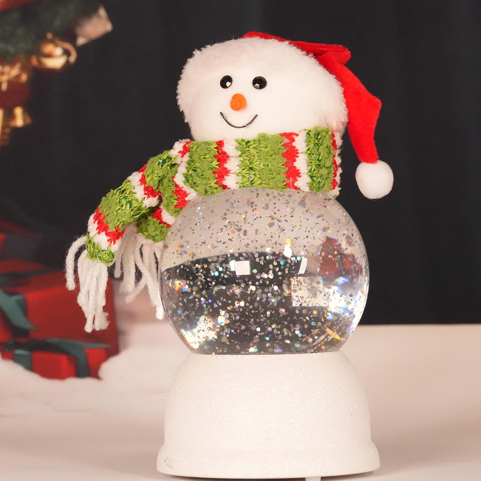 LED Musical Snow Globe Lantern with Timer - Acrylic Lighted Christmas Snowman Figurine with Swirling Glitter & Santa Hat | Indoor Holiday Decor for Christmas Tree, Mantel & Tabletop Displays