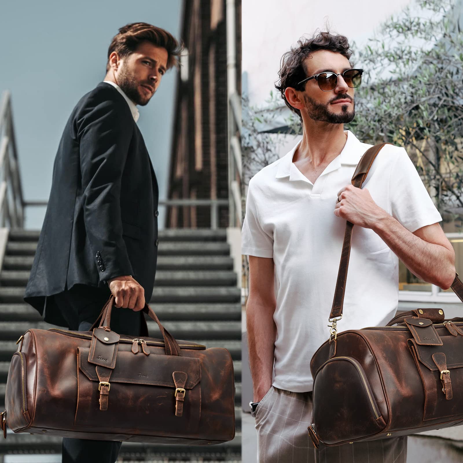 Premium Genuine Leather Travel Duffle Bag for Men & Women - Carry On Weekender Garment Bag with Spacious Compartments (Dark Brown) - Perfect for Business Trips, Gym, Weekend Getaways & Air Travel