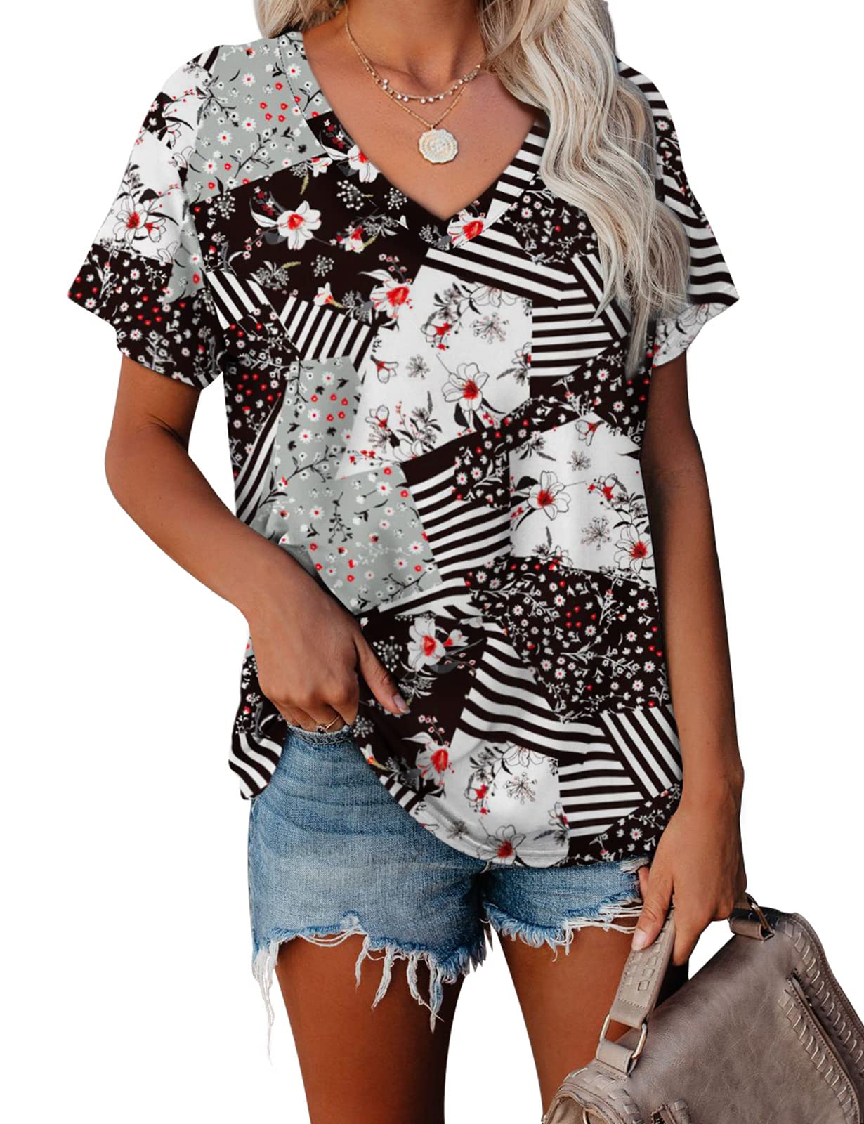 WEESO Women's V-Neck Color Block T-Shirt - Summer Short Sleeve Casual Top for Outfits, Work & Travel