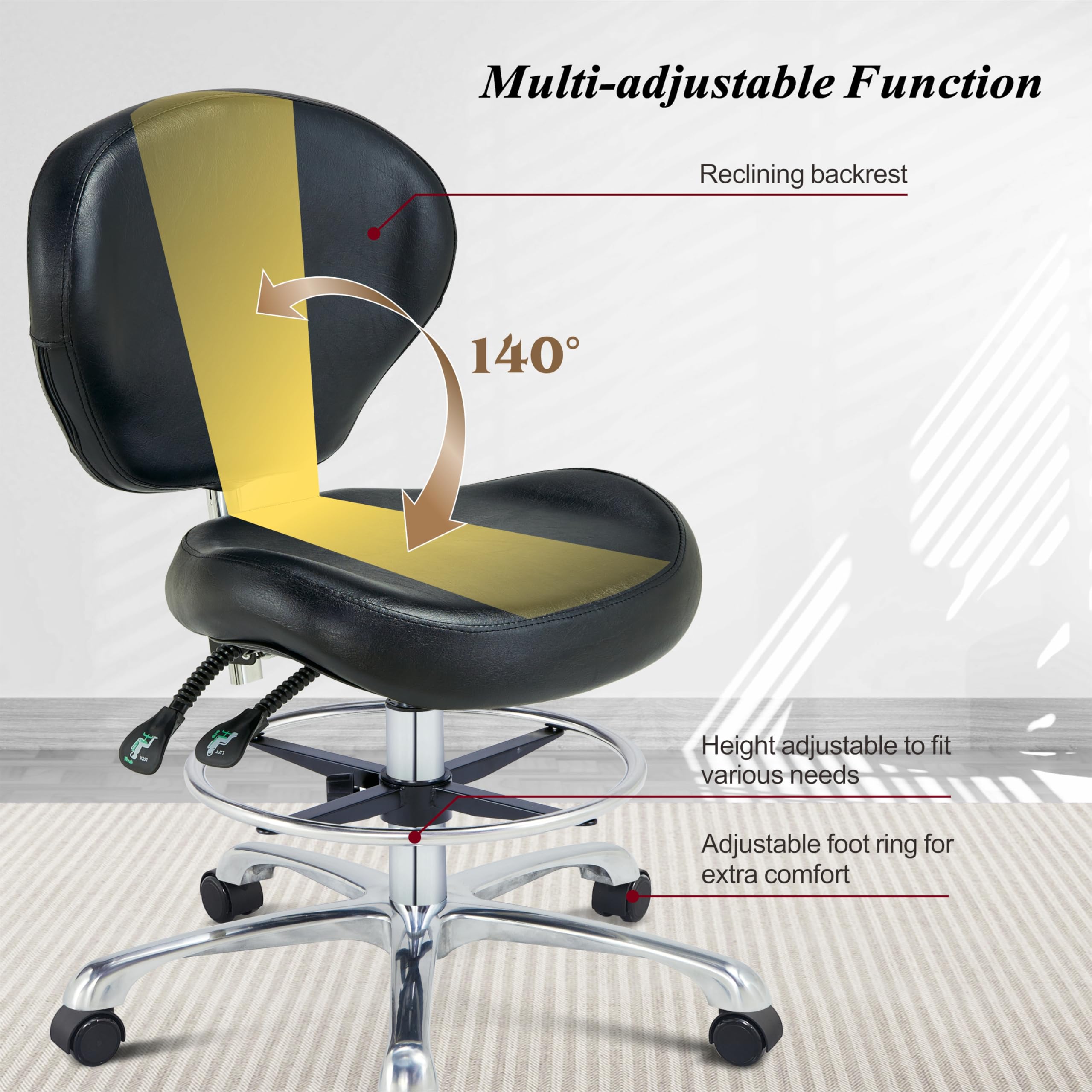 Ergonomic Drafting Stool with Back Support - Adjustable Height Rolling Office Chair with Wheels for Computer Work, Home Office, Studio & Crafting - Comfortable Black Shop Stool for Artists, Designers & Professionals