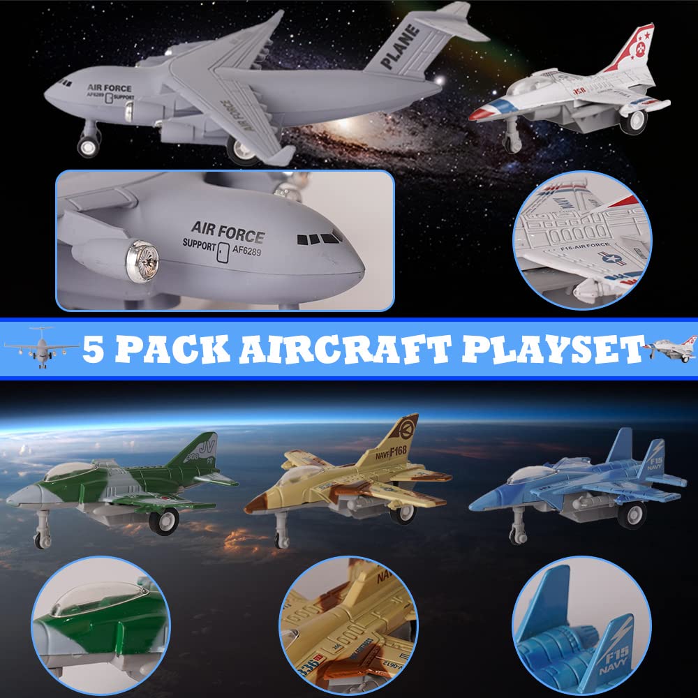 5 Pack Army Airplane Toys Set - Military Fighter Jet Die Cast Metal Aircraft Model, Pull Back Action Play Vehicles for Kids Boys & Girls Ages 3+ | Perfect for Birthday Gifts, Collectors & War-Themed Playtime