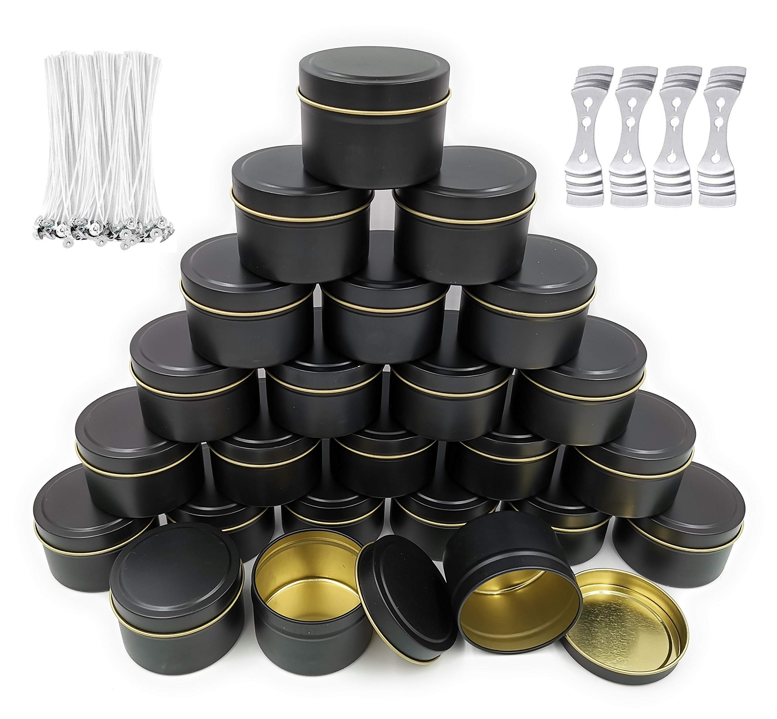 NRANSON 24 Pack 8 Oz Black Candle Tins with Lids - DIY Candle Making Kit Includes 50 Cotton Wicks, 40 Wick Stickers & 4 Wick Holders - Perfect for Homemade Soy Wax Candles, Gifts & Craft Projects (8OZ,24)