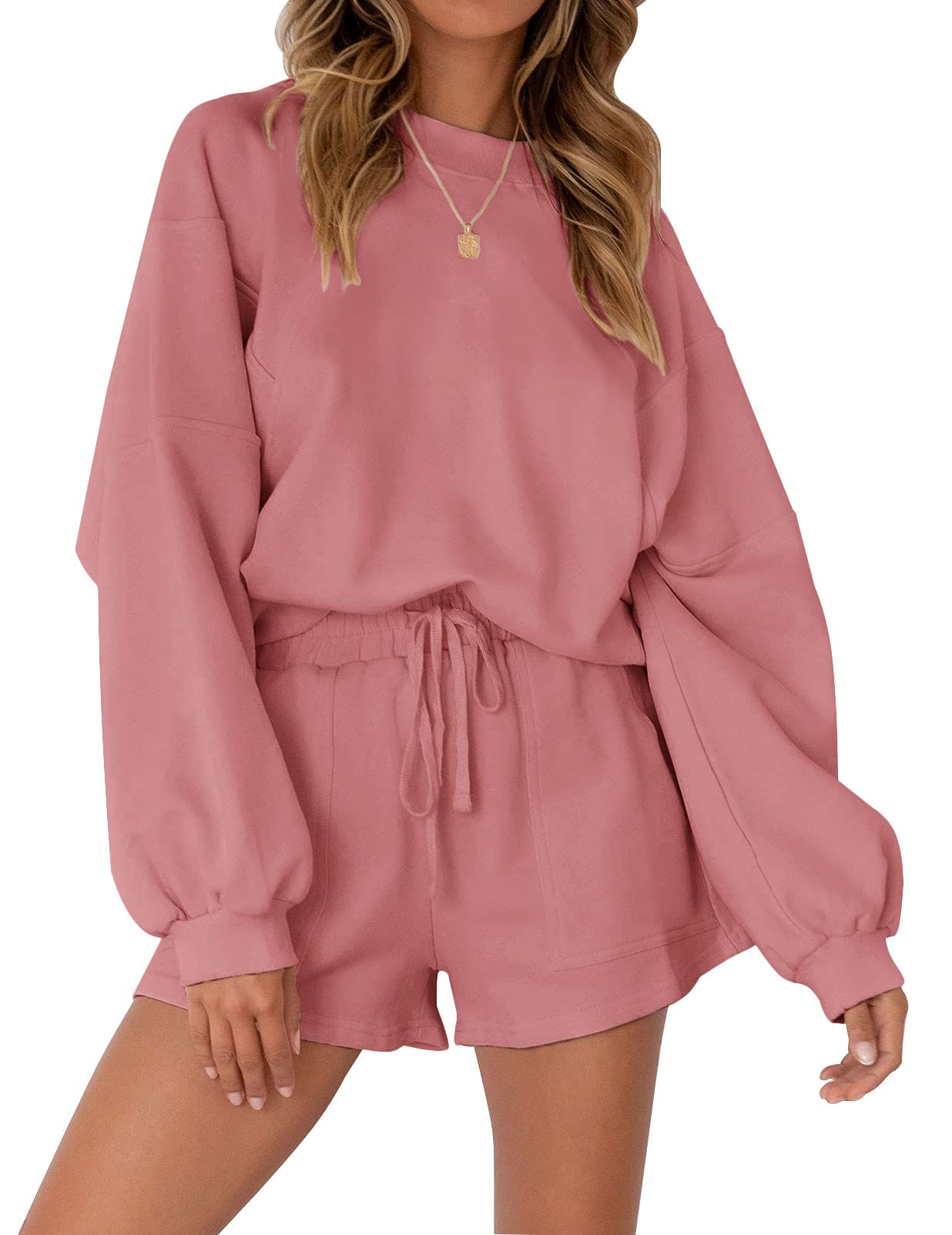 MEROKEETY Women's Oversized Batwing Sleeve Lounge Set - Casual 2 Piece Sweatsuit with Top and Shorts | Comfortable Home Wear, Yoga Outfit & Relaxing Loungewear