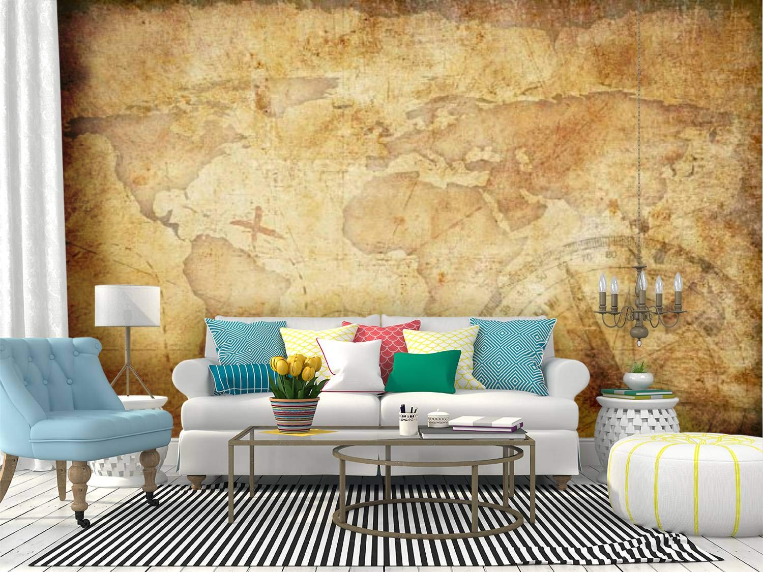 Vintage Treasure Map Wall Mural with Compass Design - Peel and Stick Self-Adhesive Wallpaper - Large Removable Vinyl Wall Sticker - Perfect for Nursery, Living Room, Office & Home Decor (36
