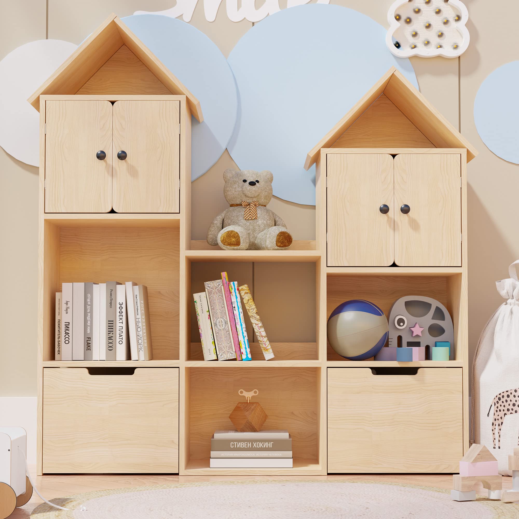 Cozy Castle Wooden Kids Bookshelf with Toy Storage Box & Wheels - Sturdy Oak Bookcase Organizer for Playroom, Bedroom, Nursery | Perfect Gift for Toddlers Ages 3+ | Great for Storytime, Toy Organization & Room Decor
