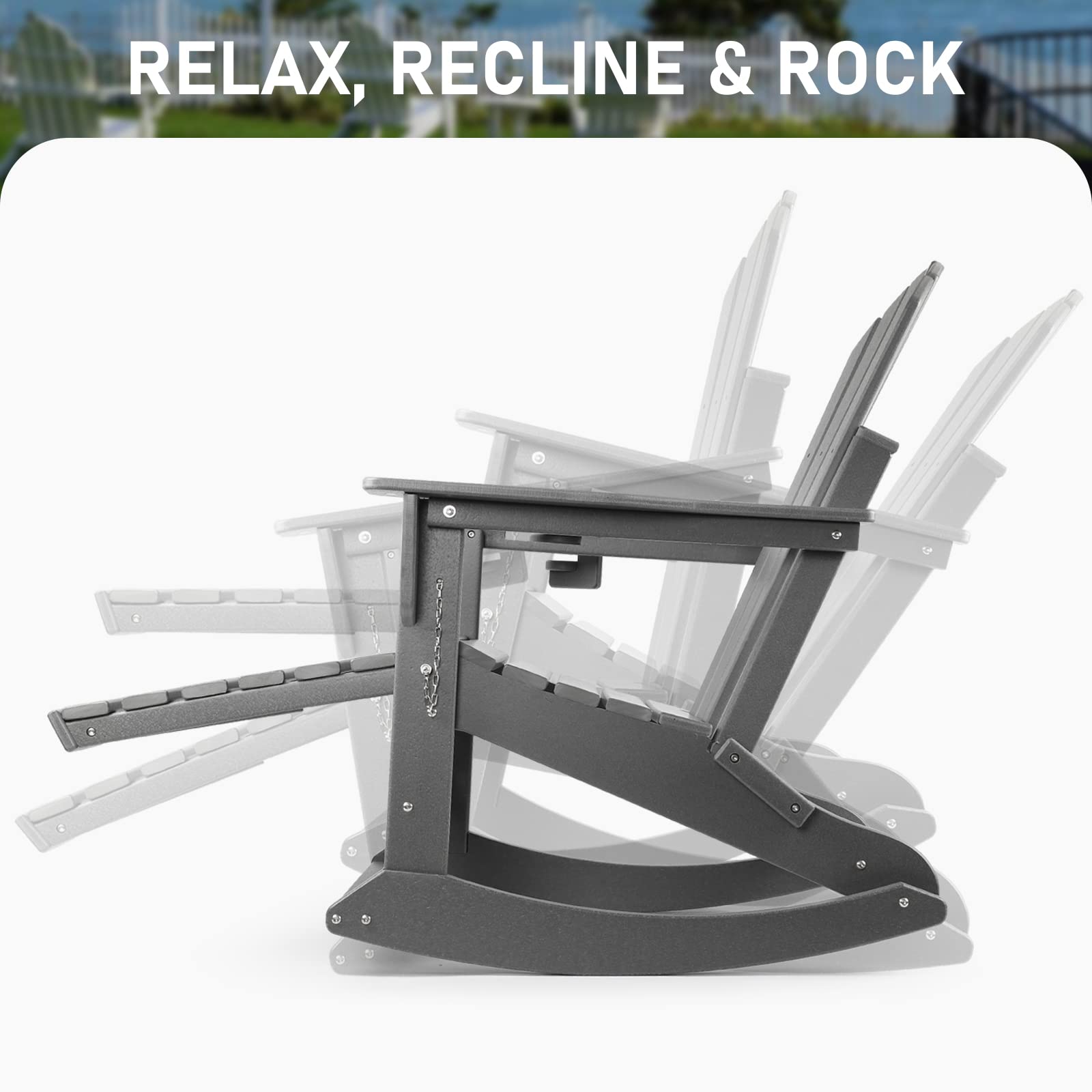 4-in-1 Folding Adirondack Chair with Ottoman & Cup Holder - 350 LBS Weight Capacity, Weather-Resistant Plastic Outdoor Rocking Chair for Adults - Perfect for Patio, Garden, Poolside & Fire Pit Relaxation