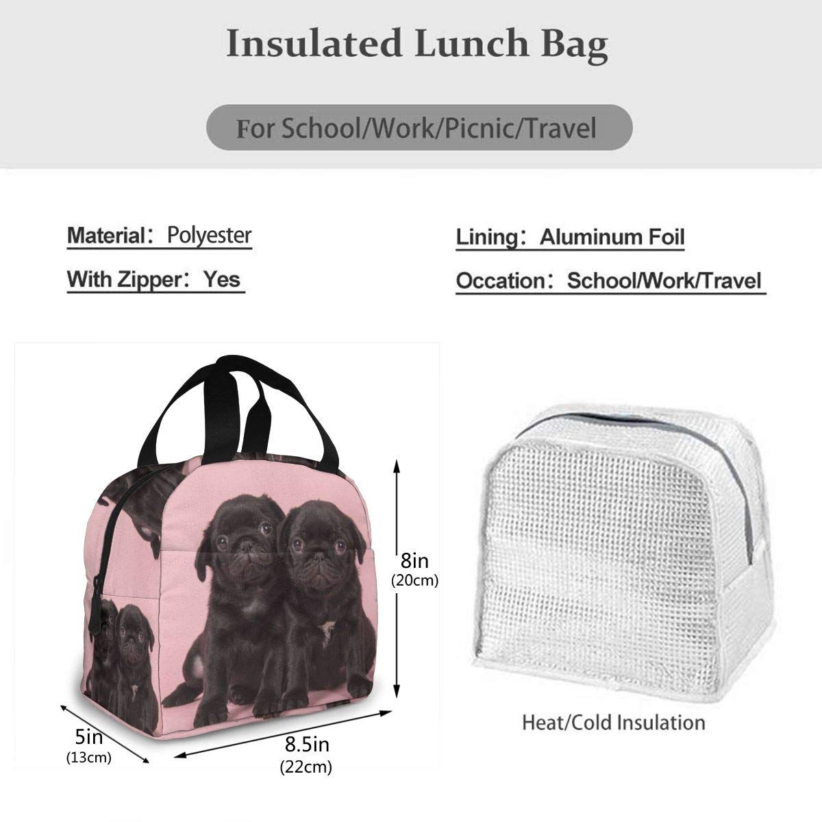 **Insulated Black Pug Lunch Box - Reusable Thermal Meal Bag for Kids, Adults, School, Work, Travel & Picnics - Cute & Eco-Friendly Food Container**    *(Perfect for Packing Healthy Meals, Snacks, or Keeping Drinks Cold on the Go!)*