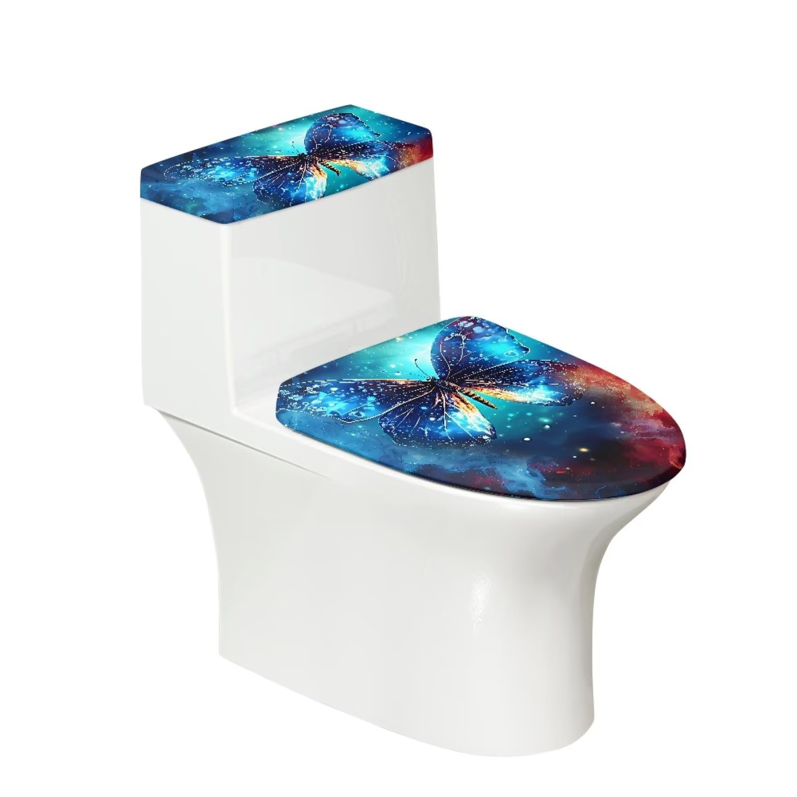 Blue Butterfly Stretchable Toilet Lid & Tank Cover Set - Non-Slip Elastic Edge Fits Round & Elongated Toilets - Bathroom Decor Upgrade for Home, RV & Guest Restrooms