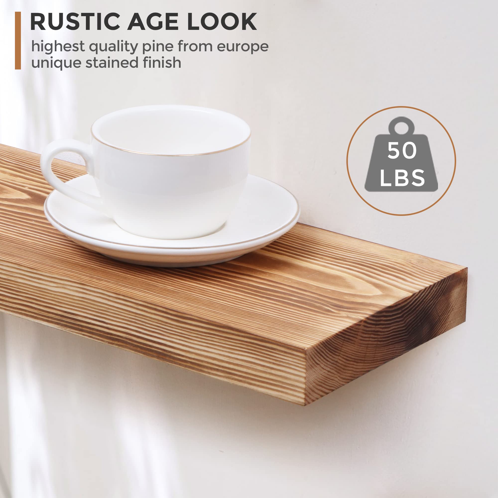 Handcrafted European Pine Floating Shelves Set of 2 - 24 Inch Natural Rustic Wood Wall Shelves for Storage & Display | Farmhouse Decor for Kitchen, Bathroom, Living Room & Bedroom | Carbonized Finish | Perfect for Organizing Spices, Books & Decor Items