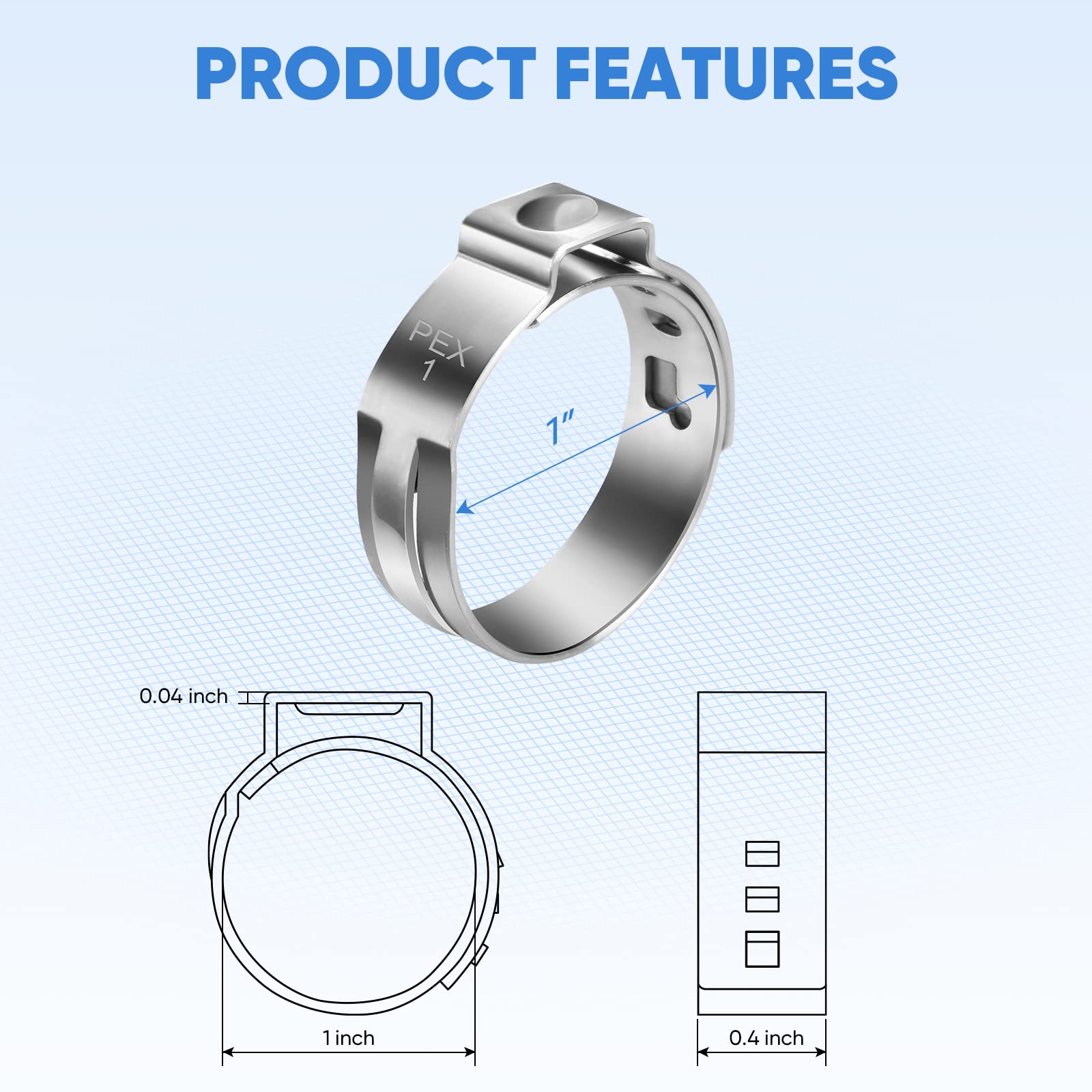 TICONN 50PCS 1 Inch Stainless Steel PEX Clamp Rings - 304 Grade PEX Pipe Connectors for Secure Tubing Connections | Ideal for Plumbing, HVAC, and Water Supply Systems