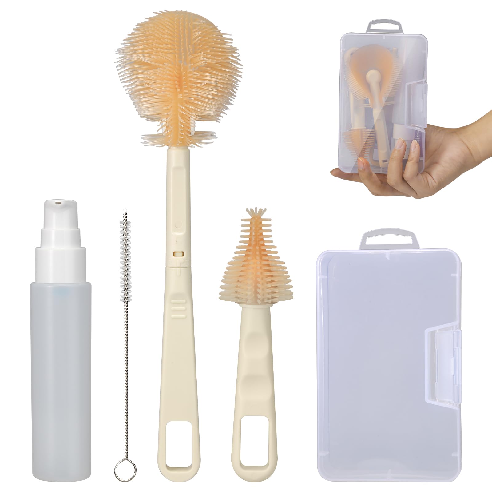 **VOOWO Baby Bottle Brush Set - Silicone Travel Bottle Cleaner Kit with Nipple Brush, Straw Cleaner & Soap Dispenser | Perfect for On-the-Go Parents & Baby Feeding Essentials (White)**