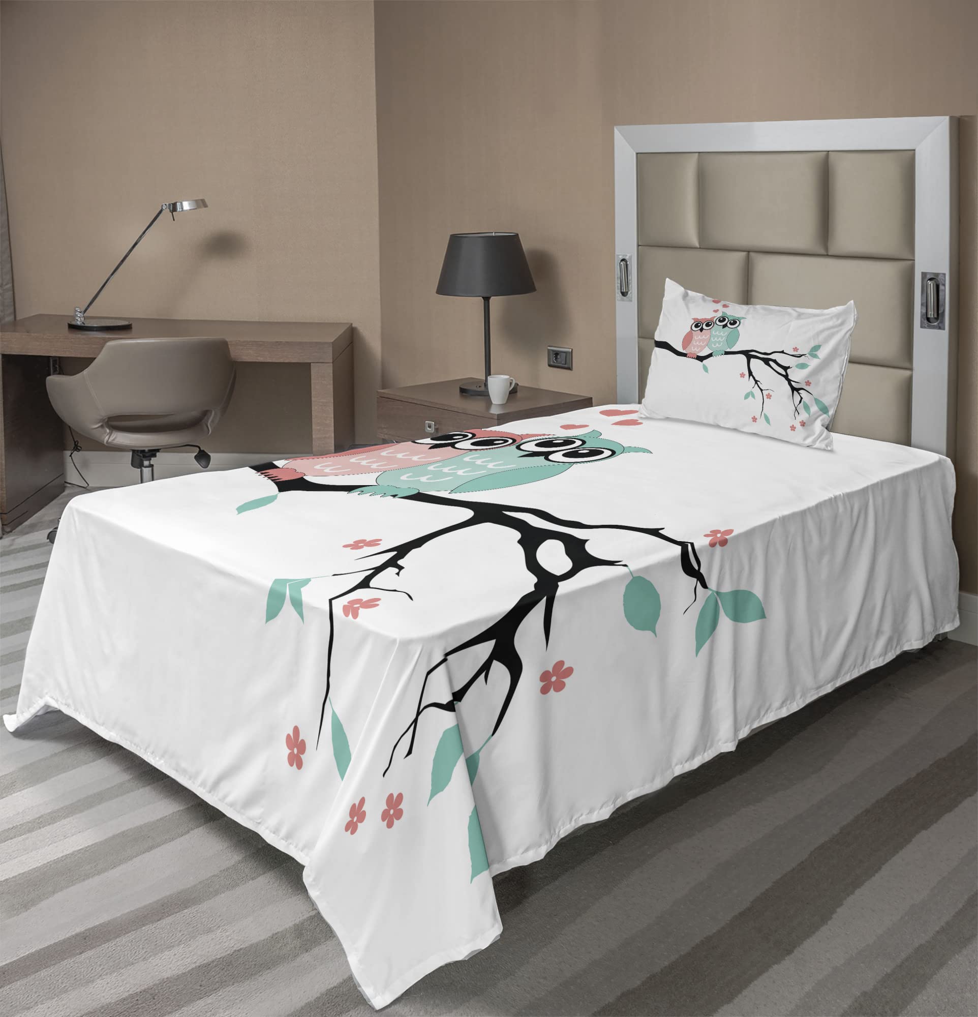 Ambesonne 3-Piece Owl Couple Sheet Set - Teal, White & Black Valentine's Romance Design - Twin Size Fitted & Flat Sheets with Pillowcase - Perfect for Couples Bedroom, Valentine's Gift or Nature-Themed Decor