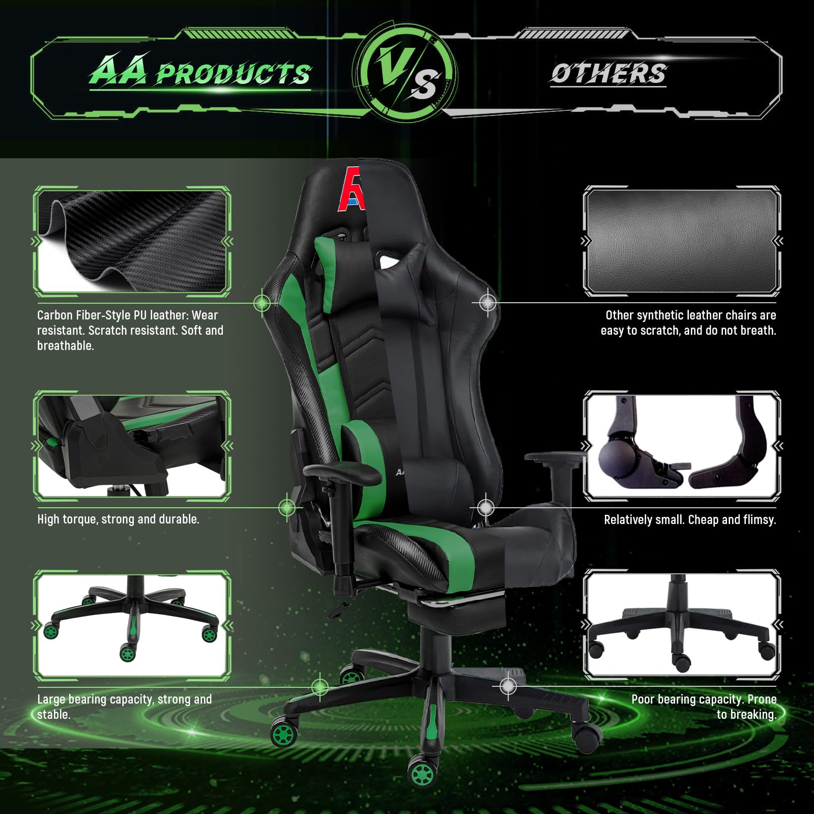 Premium Gaming Chair - High Back Ergonomic Computer Racing Chair with Adjustable Lumbar Support & Footrest - Swivel Office Gamer Chair for PC, PS5, Xbox - Black Green (Perfect for Esports, Streaming & Home Office)