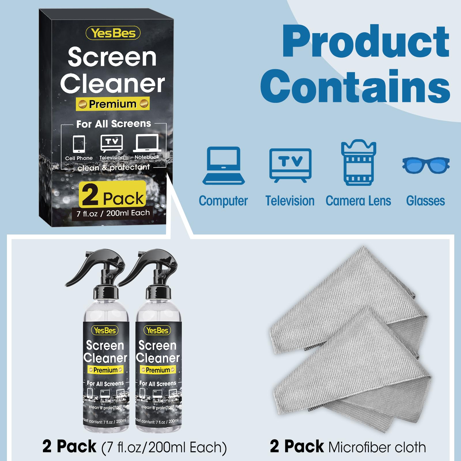 14oz Screen Cleaner Spray (7oz x 2 Pack) with 2 Microfiber Cloths - Safe for TV, Monitor, Laptop, MacBook, iPad & Electronics | Streak-Free Cleaning for Home, Office & Car Use