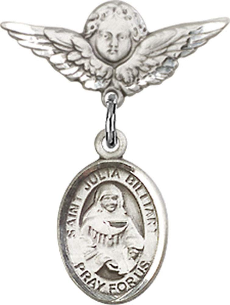 Sterling Silver Baby Badge with St. Julia Billiart Charm & Angel Wings Pin | Religious Jewelry Gift for Baptism, First Communion & Christening | Made in USA | Perfect for Church Events & Special Occasions