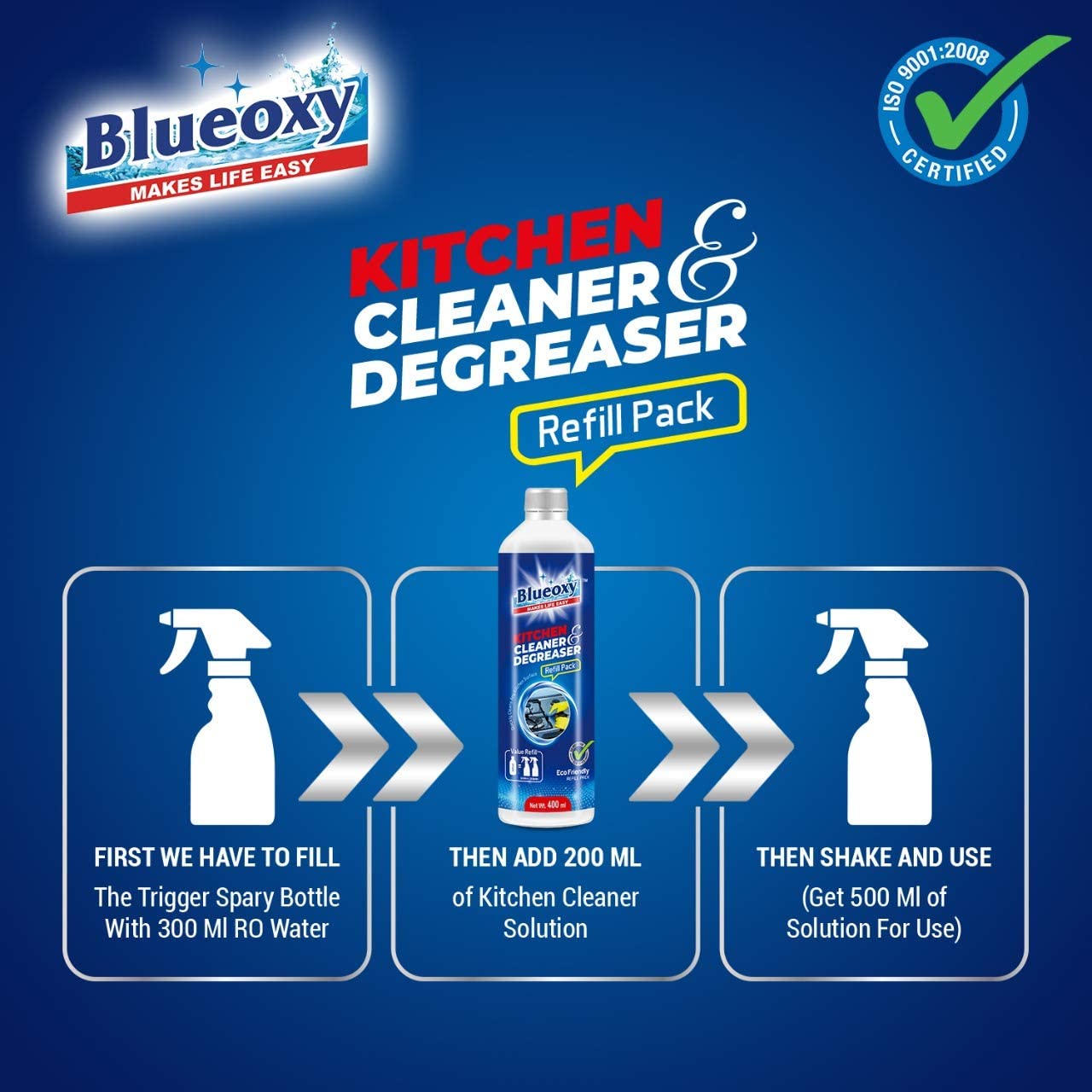 BLUEOXY Kitchen Cleaner & Degreaser Refill Pack - Heavy Duty Grease Remover for Stovetops, Ovens, Countertops | Eco-Friendly Formula | 400ml (Pack of 1) | Perfect for Deep Cleaning Kitchen Surfaces, Appliances and Removing Tough Oil Stains