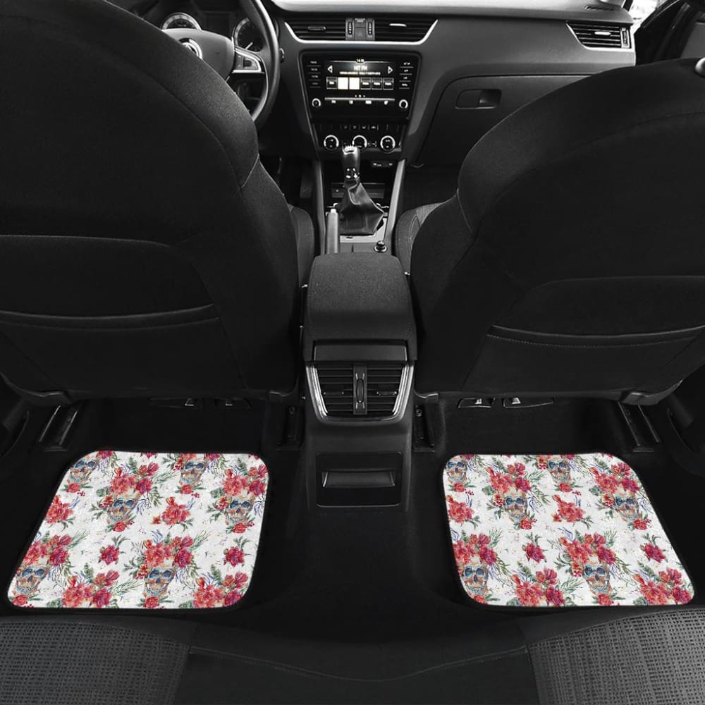 4 Pcs Floral Sugar Skull Car Mats - Non-Slip Floor Mats for Cars, Trucks & SUVs - Perfect for Day of the Dead Decor & Mexican Themed Parties