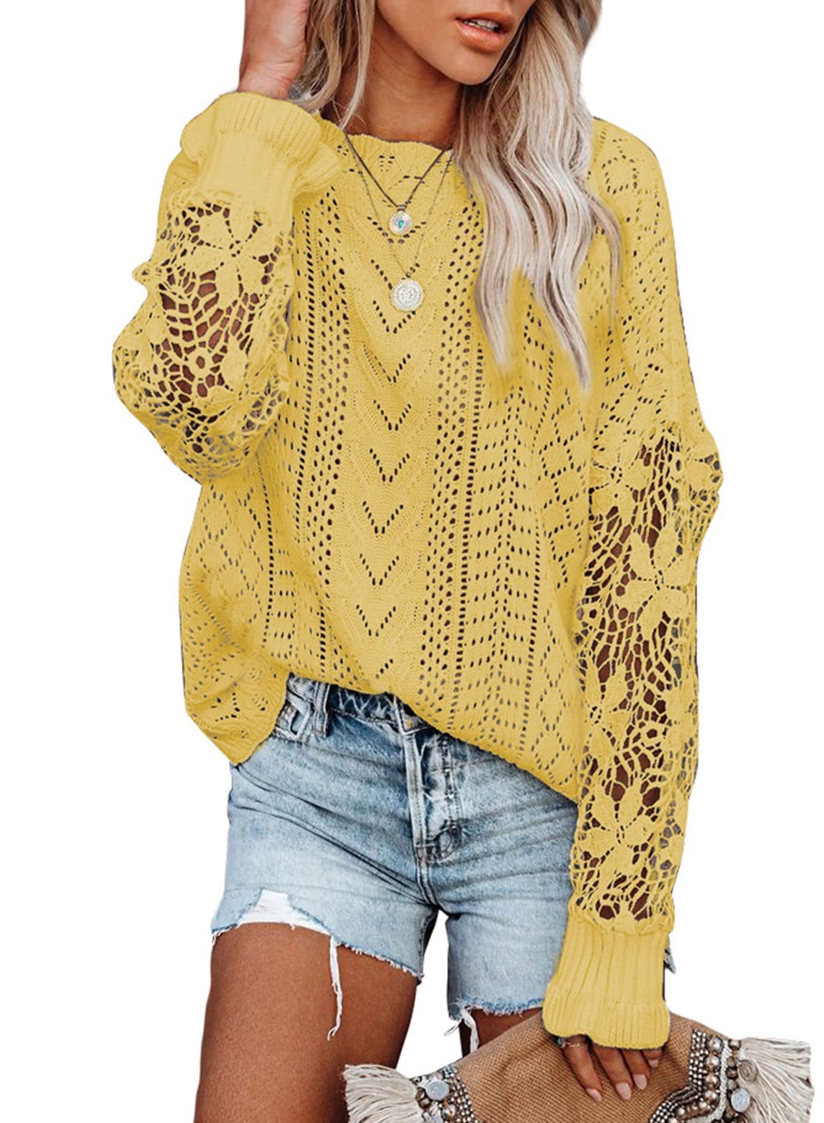 AlvaQ Women's 2023 Lace Crochet Sweater - Lightweight Crewneck Knit Pullover Top for Summer & Fall | Casual Wear, Office Outfits, Date Night Fashion
