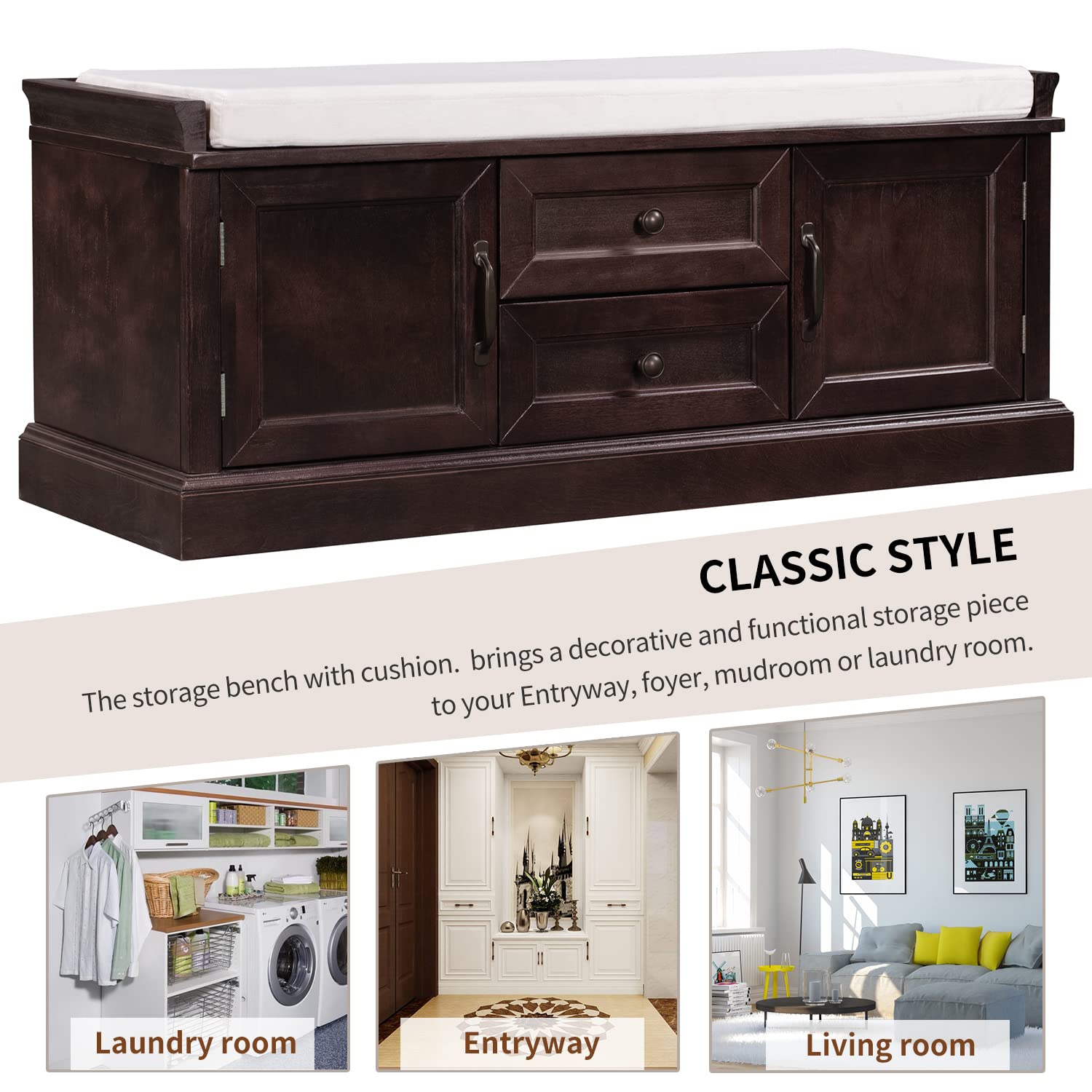 Solid Wood Storage Bench with Drawers & Cabinets - Entryway Shoe Bench for Living Room & Hallway