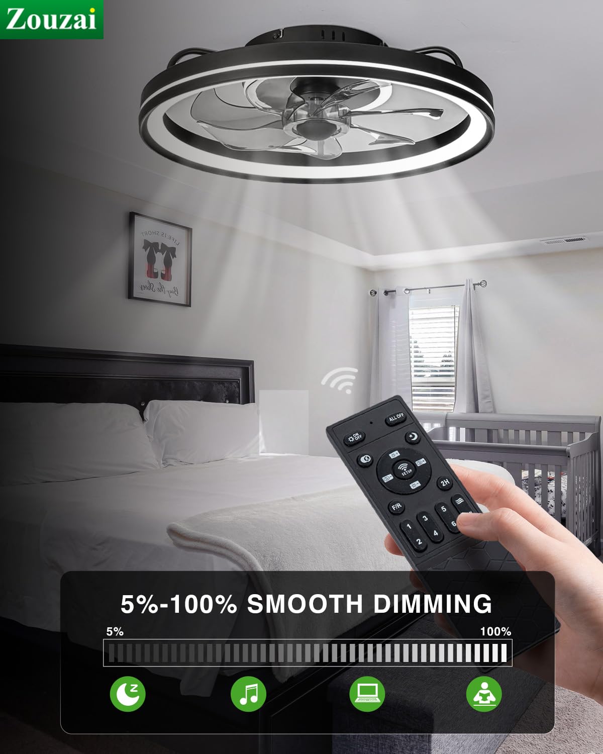 Low Profile Ceiling Fan with Lights and Remote Control - 18.9 Inch Modern Flush Mount Dimmable LED Fan Light - Quiet Bedroom Ceiling Fan for Home, Office, Nursery (Black Frosted Ring) - Perfect for Small Spaces and Energy-Efficient Cooling