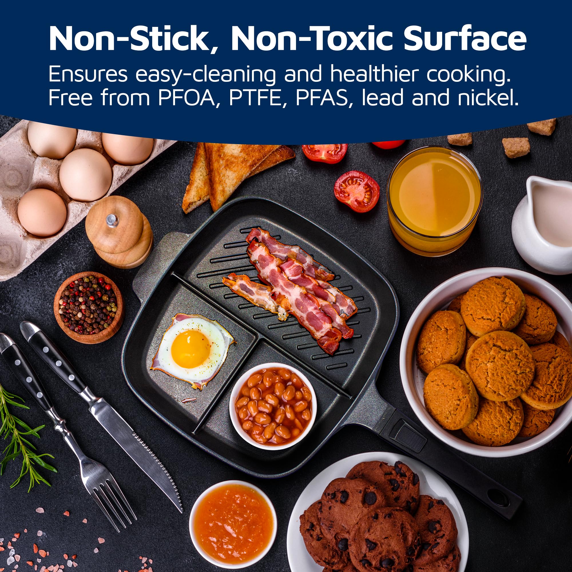 Jean-Patrique Divided Stove Top Grill Pan - Multi-Section Nonstick Frying Pan for Gas, Electric, Induction & Oven - Perfect for Cooking Breakfast, Stir Fry & Meal Prep
