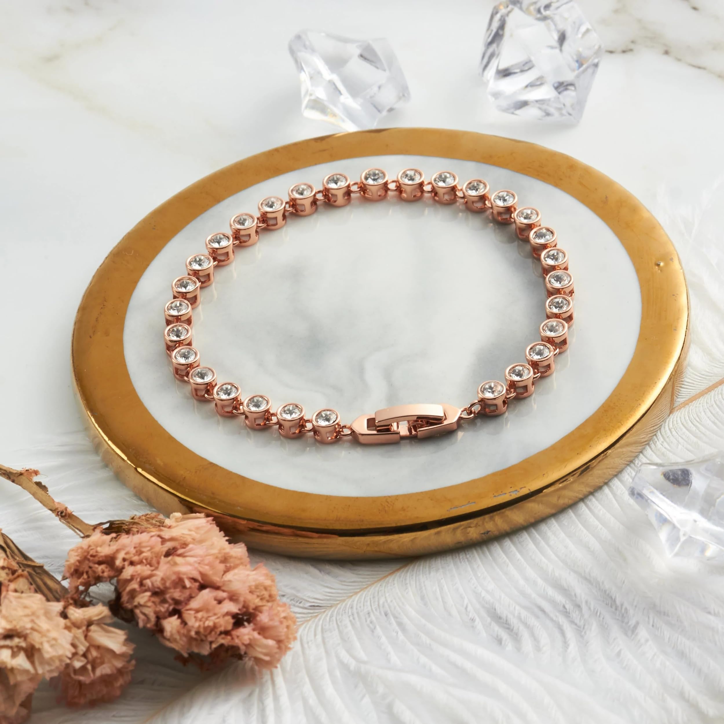 Philip Jones Rose Gold Plated Solitaire Bracelet with Zircondia® Crystals - Elegant Jewelry Gift for Women, Perfect for Weddings, Anniversaries & Special Occasions
