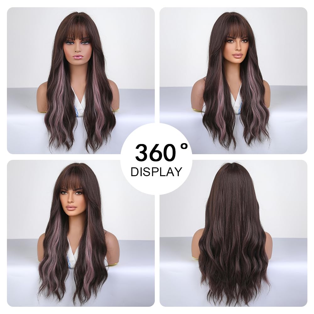 Stylish Brown Wig with Pink Highlights for Women - Perfect for Cosplay, Halloween, and Daily Fashion