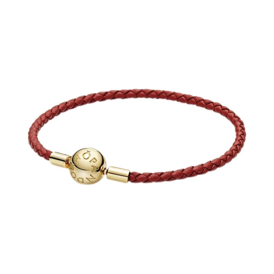 PANDORA Moments Woven Leather Bracelet with 18k Gold-Plated Clasp | Compatible with PANDORA Charms | PANDORA Shine & Leather | Elegant Gift for Women with Gift Box | Perfect for Anniversaries, Birthdays & Special Occasions