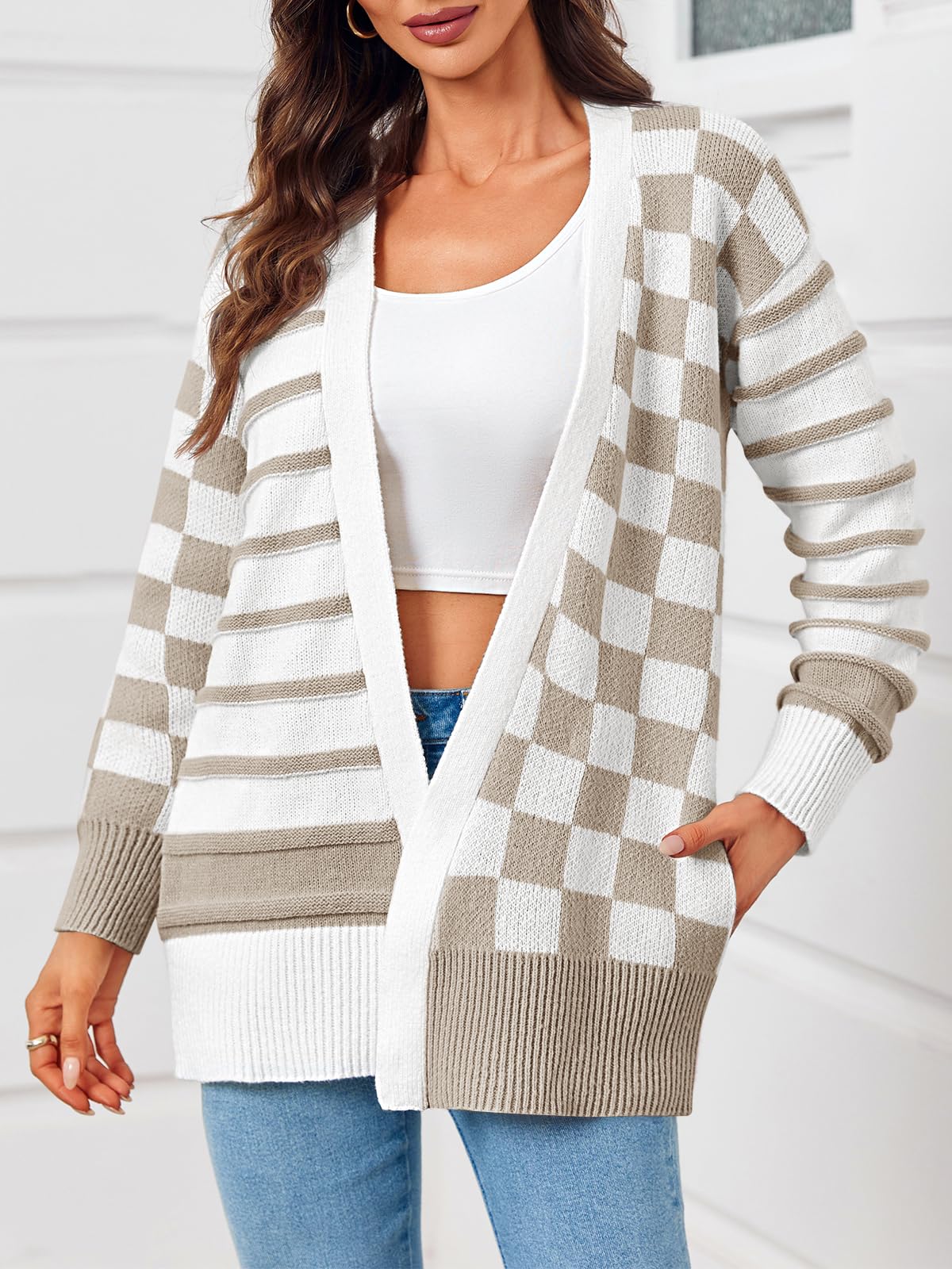Saodimallsu Women's Checkered Striped Oversized Cardigan Sweater - Open Front Long Sleeve Knit Coat with Pockets | Casual Fall Winter Layering, Office Wear & Cozy Home Outfit