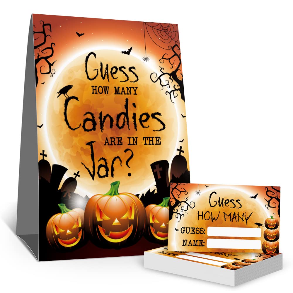 Halloween Guess How Many Candies Game Cards - Baby Shower Party Supplies, Pumpkin Orange Raffle Tickets for Funny Gag Activities & Decorations Kit (1 Standing Sign + 50 Guessing Cards) - Perfect for Halloween Parties, Baby Showers & Fall Festival Events