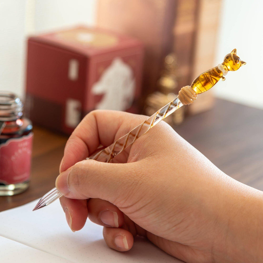 Brown Tabby Cat Glass Dip Pen - Calligraphy & Art Writing Tool for Journaling, Sketching, and Lettering - Perfect for Artists, Writers, and Stationery Lovers