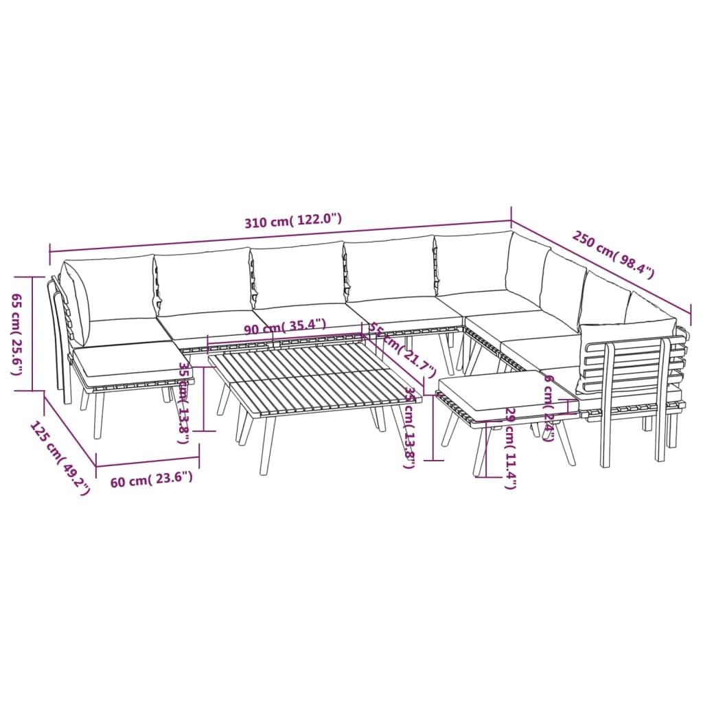 vidaXL 12-Piece Patio Lounge Set with Padded Cushions - Solid Acacia Wood Outdoor Furniture, Weather-Resistant Garden Sofa Set for Backyard, Poolside & Terrace Relaxation