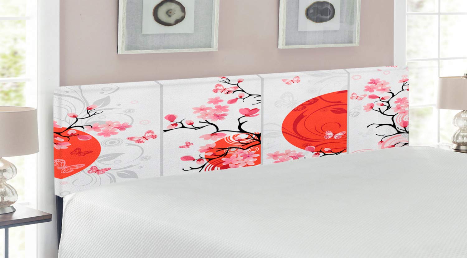 Lunarable Nature Upholstered King Size Headboard - Cherry Blossom Sun & Butterflies Abstract Art Design, Decorative Metal Bed Frame with Memory Foam in Orange Pale Pink White | Perfect for Bedroom Decor, Master Suite, Guest Room & Bohemian Style Interiors