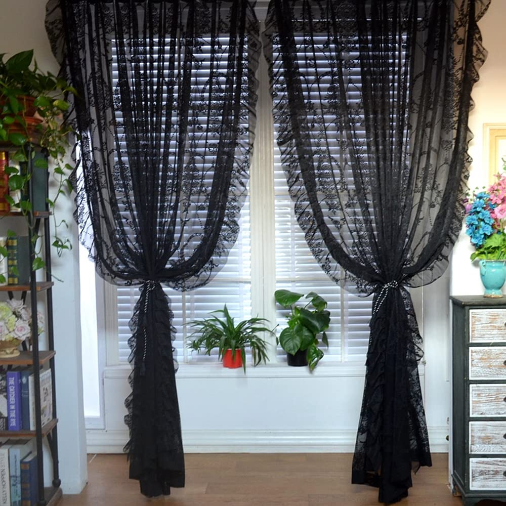 Vintage Black Floral Lace Sheer Curtain with Ruffles - Light Filtering Romantic Short Kitchen Valance - Rod Pocket Window Treatment for Sliding Doors & Windows (1 Panel) - Perfect for Farmhouse, Cottage & Boho Home Decor
