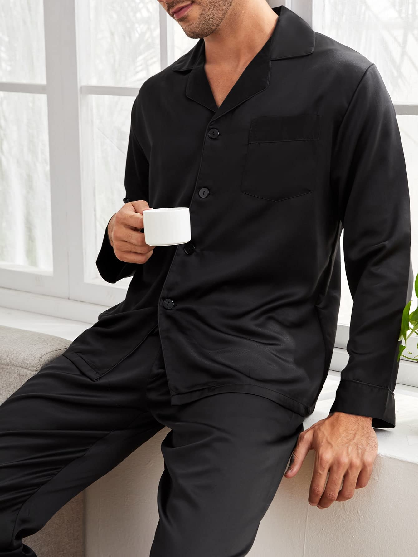 WDIRARA Men's Satin Pajama Set - 2 Piece Button Up Shirt & Pants Sleepwear for Comfortable Lounge Wear - Perfect for Relaxing at Home, Nighttime Sleep & Cozy Weekends