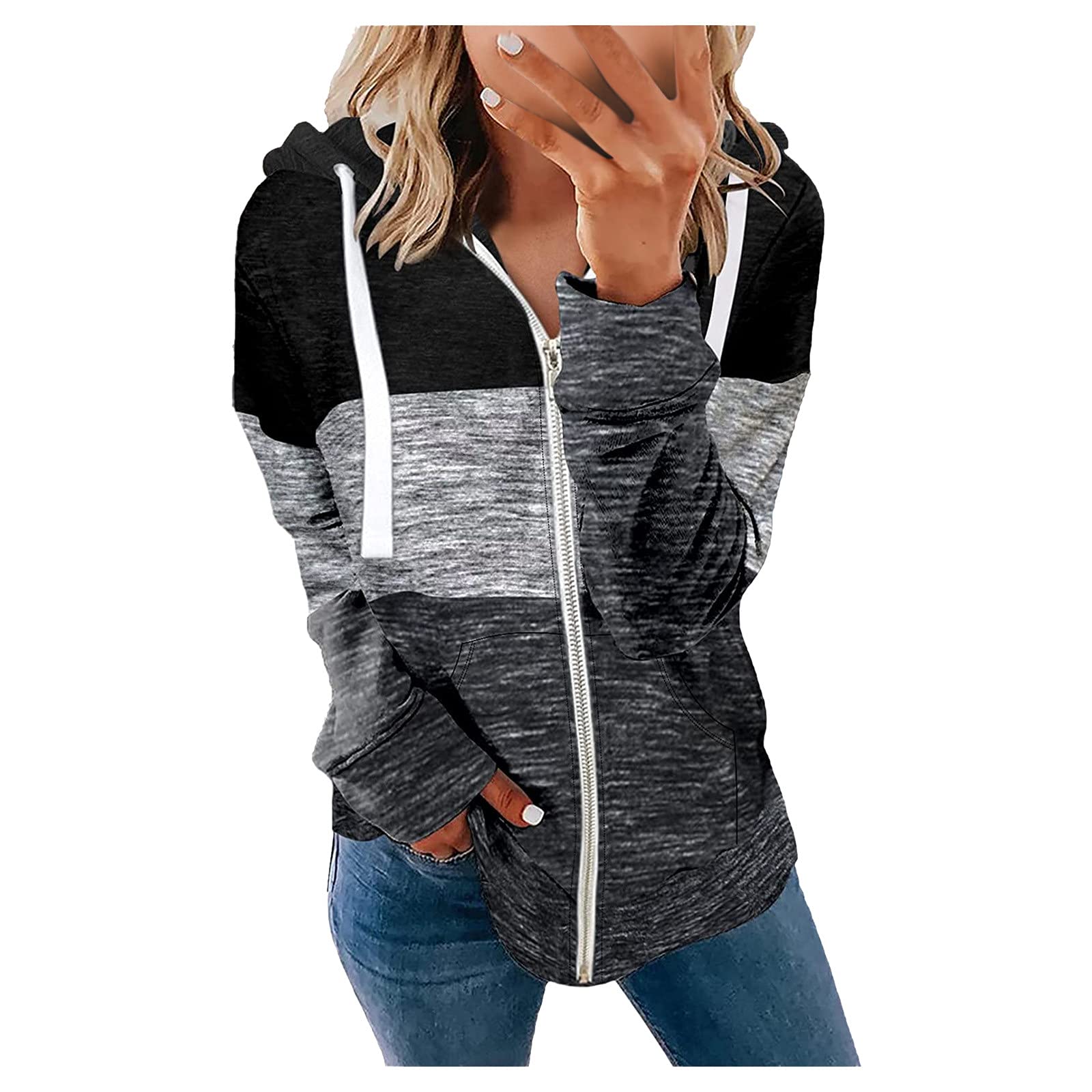 Women's Winter Hooded Zip-Up Sweatshirt Jacket - Long Sleeve Printed Stitching Color Pullover Coat for Casual Wear & Outdoor Activities